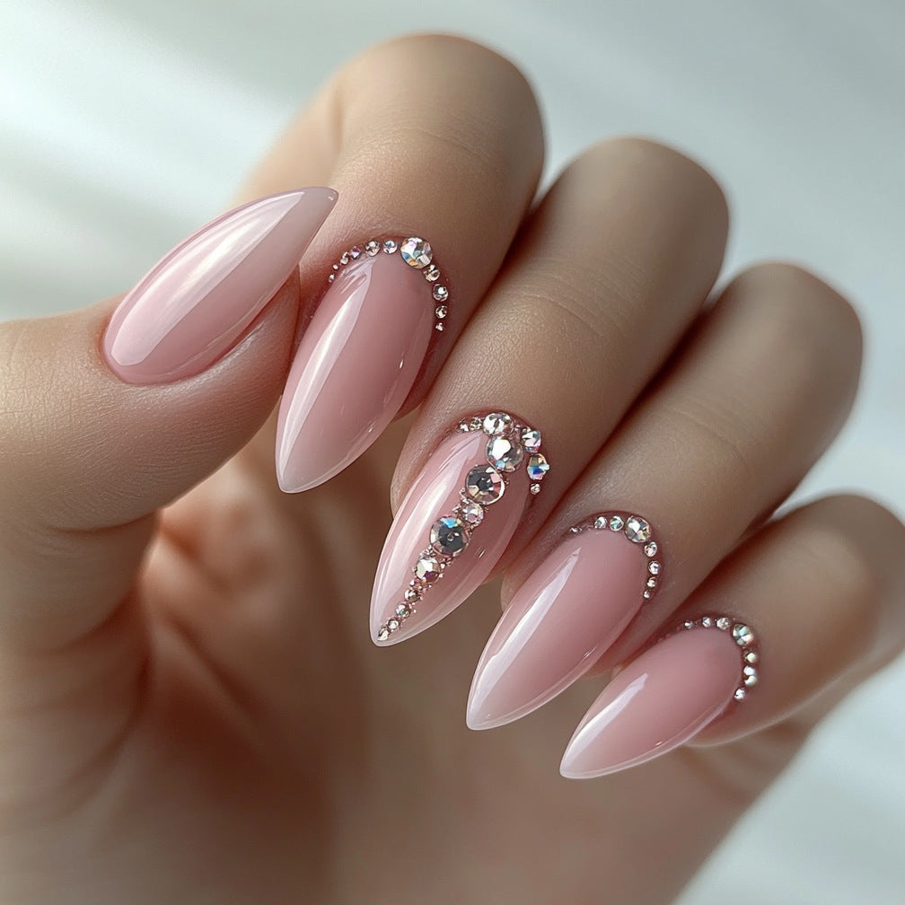 24pcs/Set Rhinestone Pink Press-On Nails