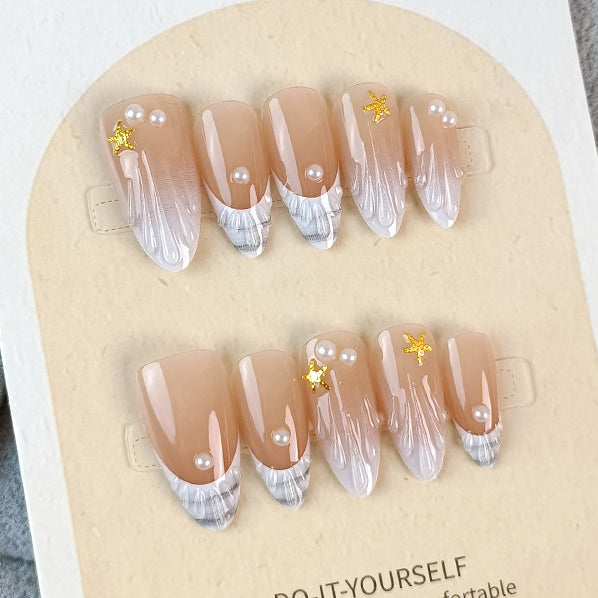 (Handmade) 10pcs/Set 3D French Seashell Press-On Nails