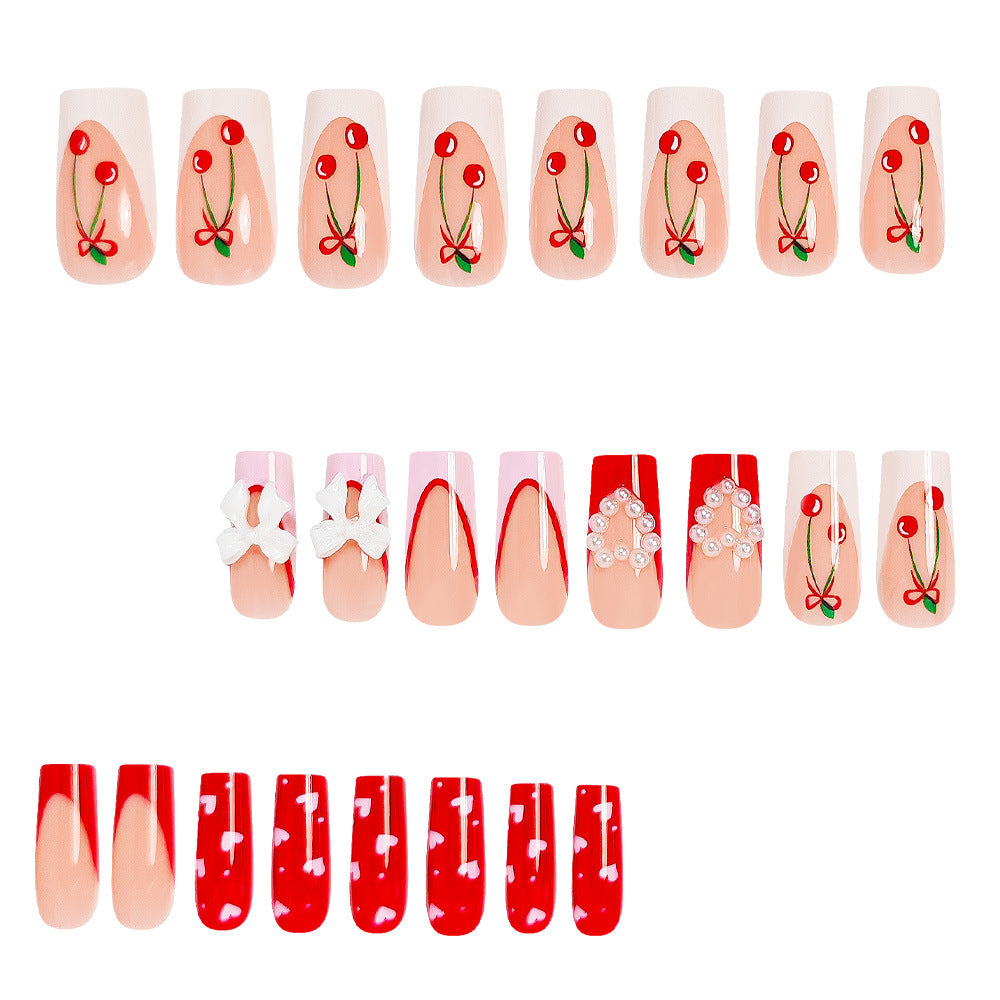 24pcs/Set Pink French Tips with Red Cherries Press-On Nails