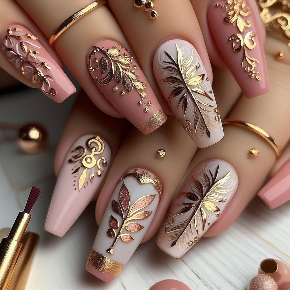 24pcs/Set Pink 3D Gold Leaf Press-On Nails