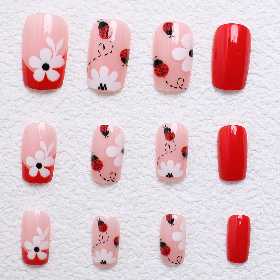 24pcs/Set White Flowers & Ladybug Red French Press-On Nails