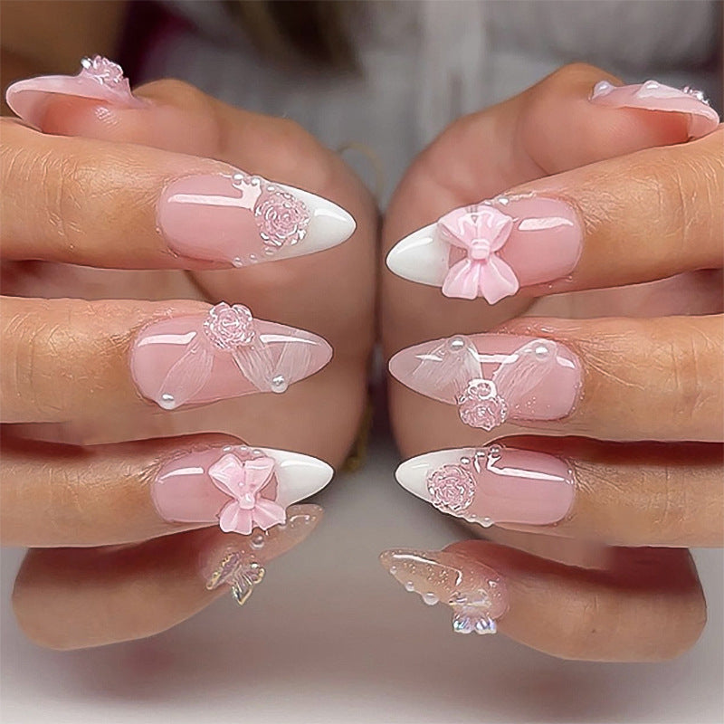 24pcs/Set 3D Bow & Camellia Flower Press-On Nails
