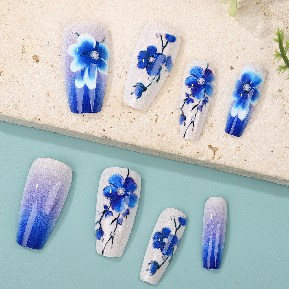 24pcs/Set Blue Floral Press-On Nails