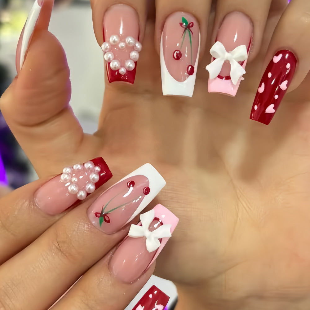 24pcs/Set Pink French Tips with Red Cherries Press-On Nails