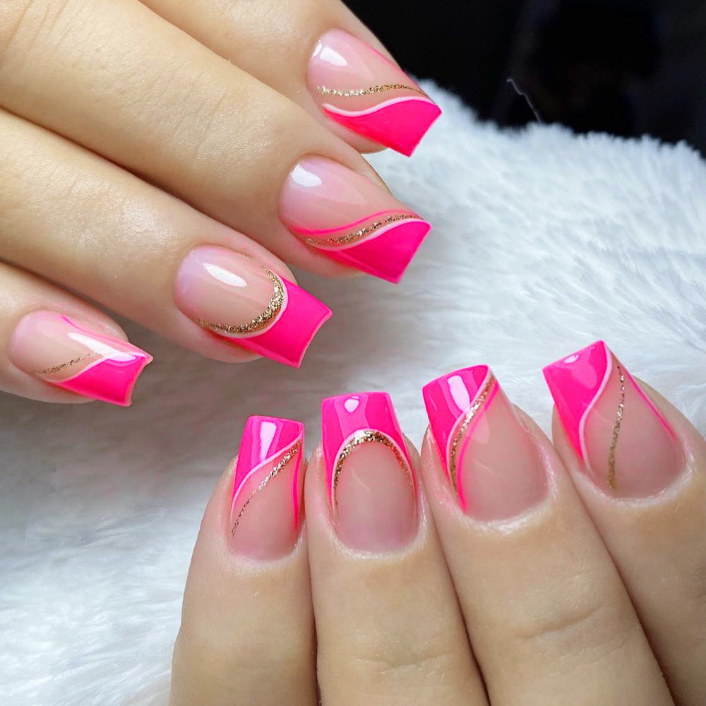 24pcs/Set Glitter Line Hot Pink French Press-On Nails