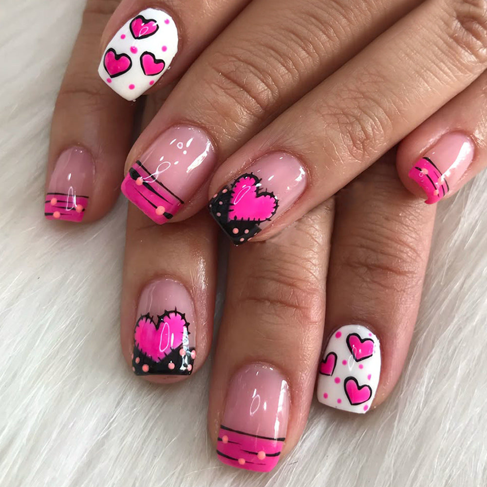 24pcs/Set Valentine’s Pink Heart Short Press On Nails