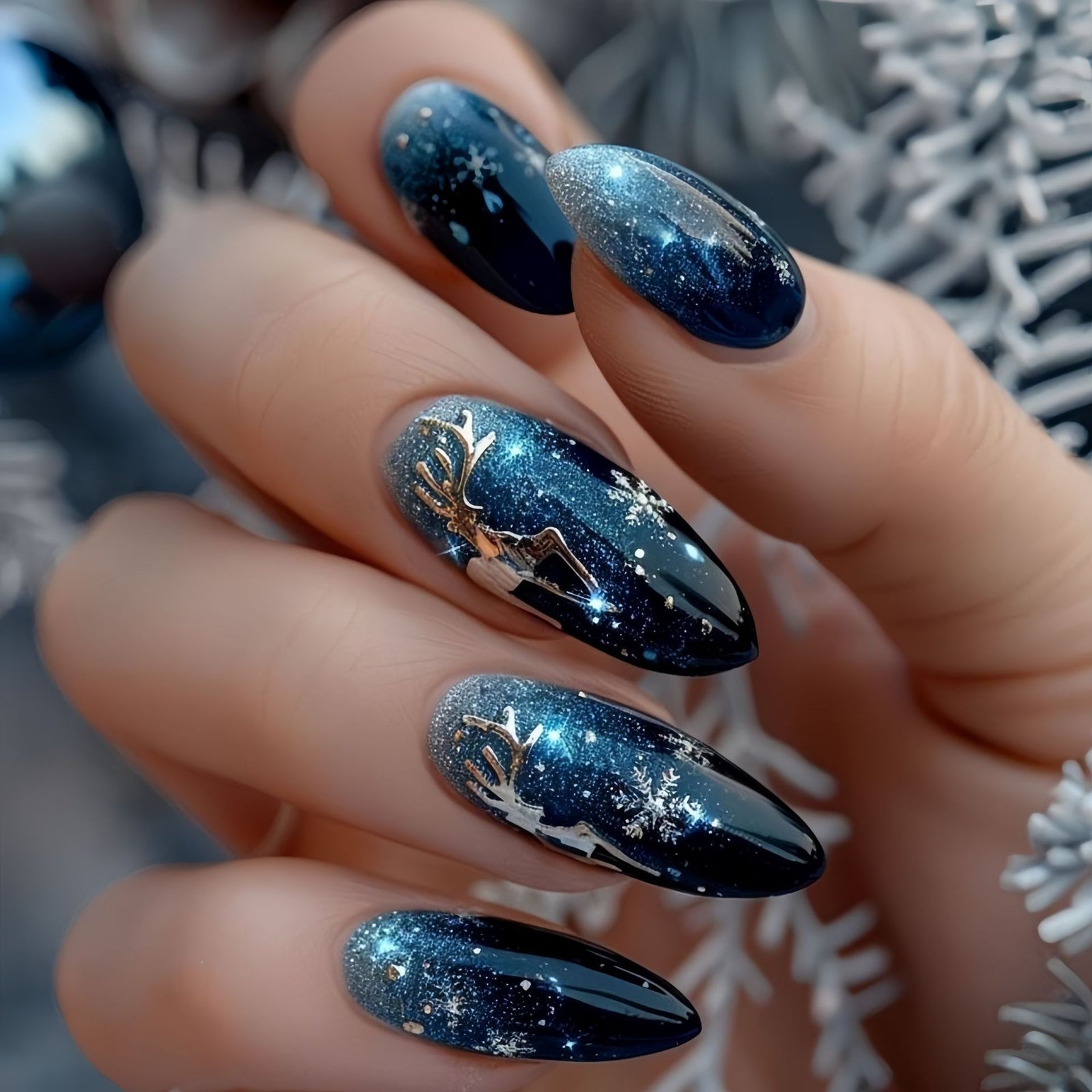 24pcs/Set Blue Snowflake Reindeer Glitter Gradient Press-On Nails