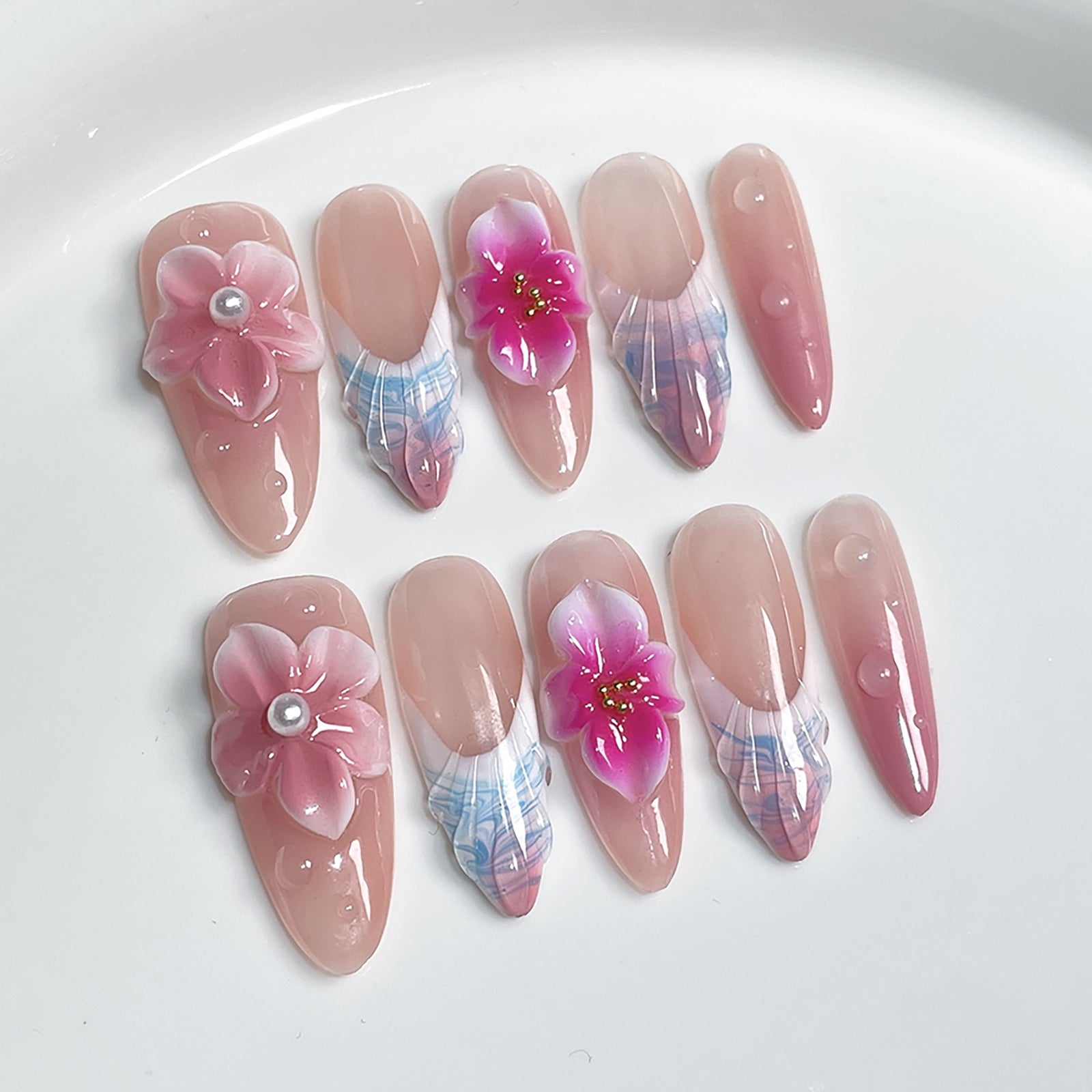 (Handmade) 10pcs/Set French 3D Floral Press-On Nails