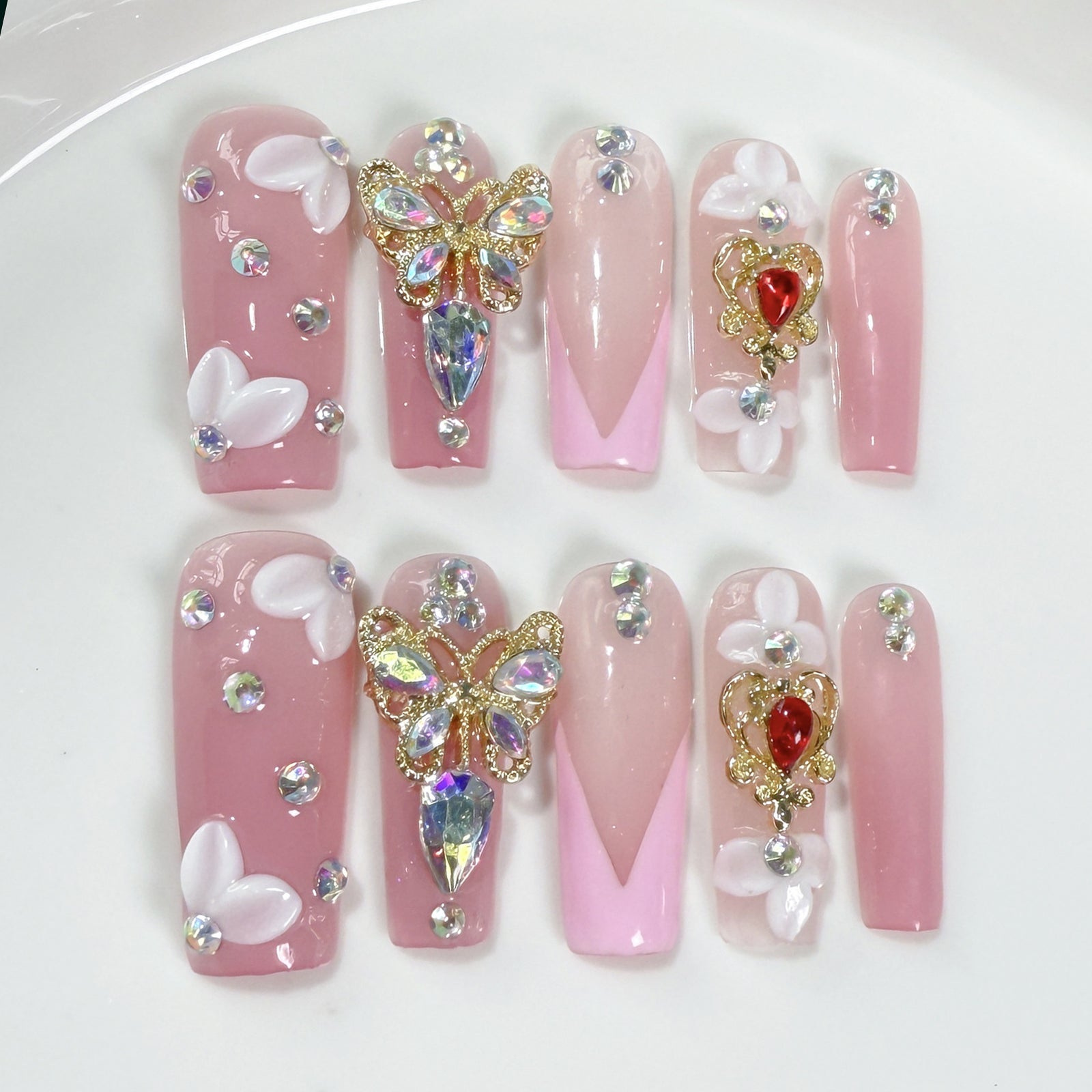 (Handmade) 10pcs/Set 3D Carved Gradient Glitter Shine Press-On Nails