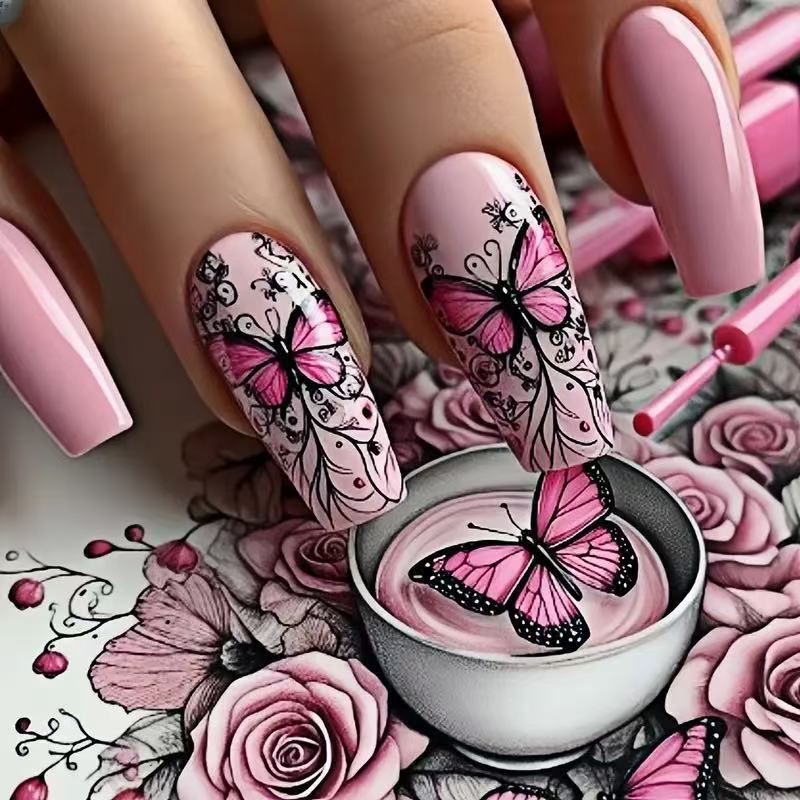 24pcs/Set Shades of Pink Butterflies Press-On Nails