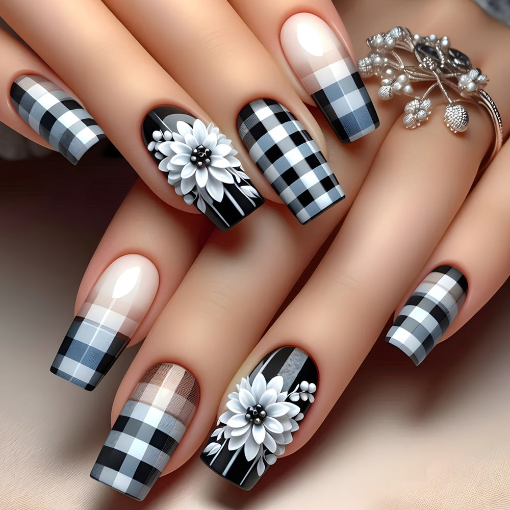 24pcs/Set Plaid Houndstooth with Floral Press-On Nails