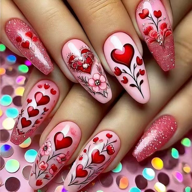 24pcs/Set Valentine Heart Flower Press-On Nails