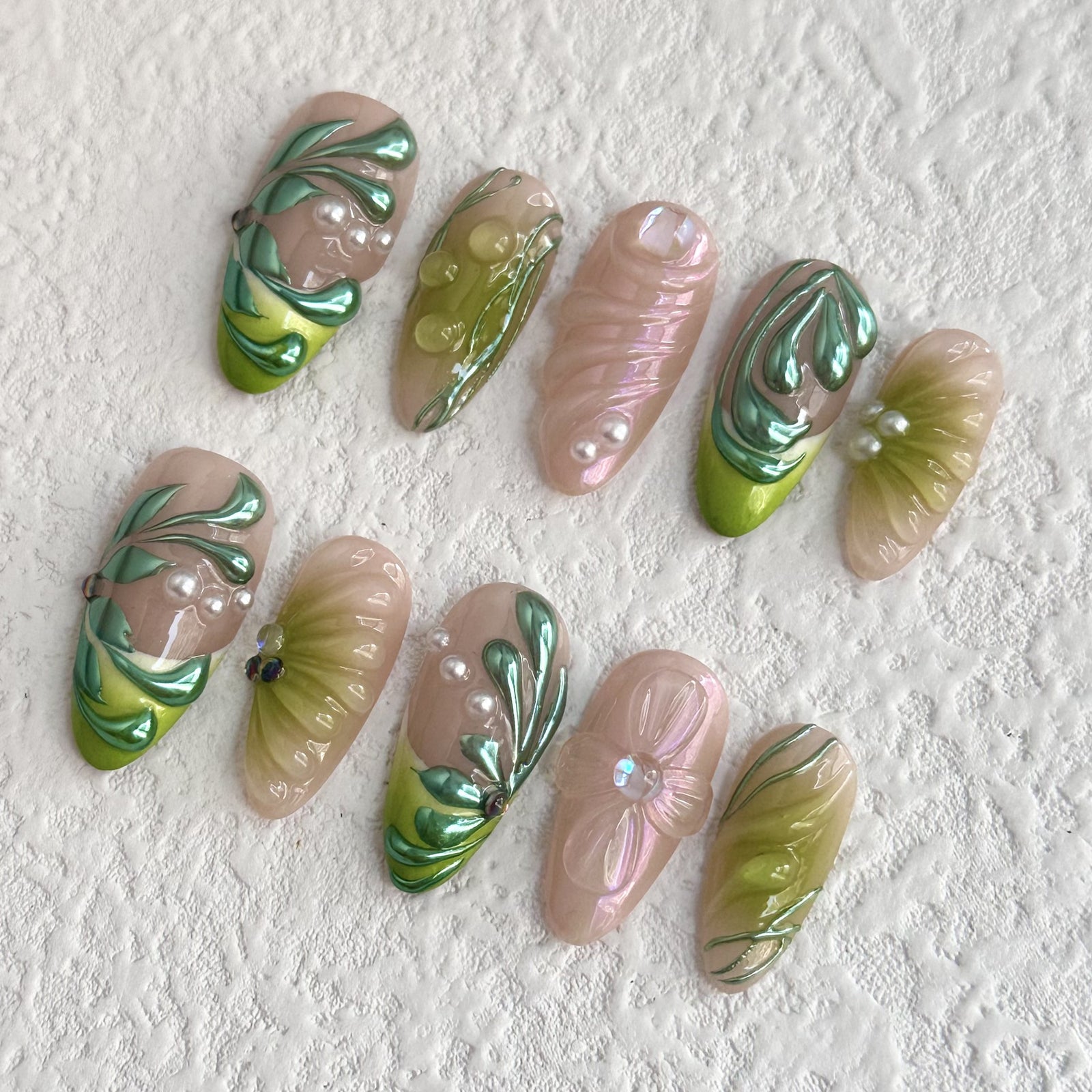 (Handmade) 10pcs/Set 3D Green Vines Press-On Nails