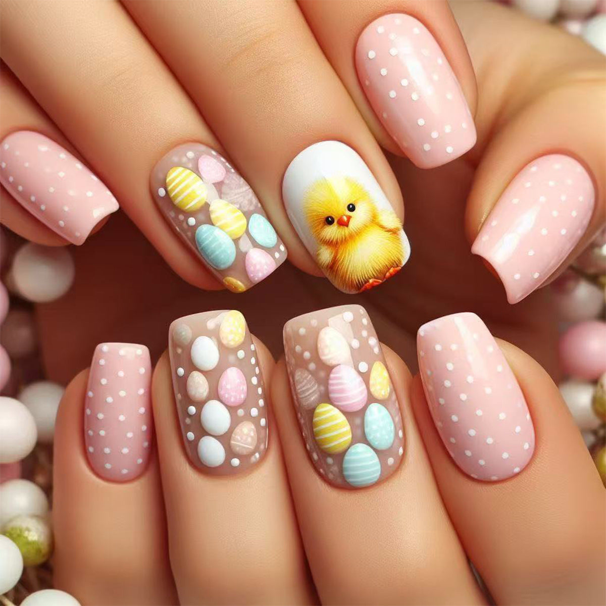 24pcs/Set Chick and Easter Egg Polka Dots Short Press-On Nails