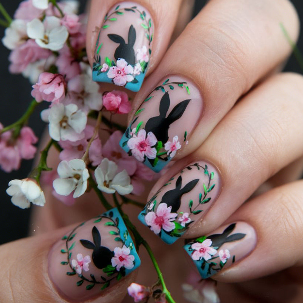 24pcs/Set Floral Bunny Blue French Short Press On Nails