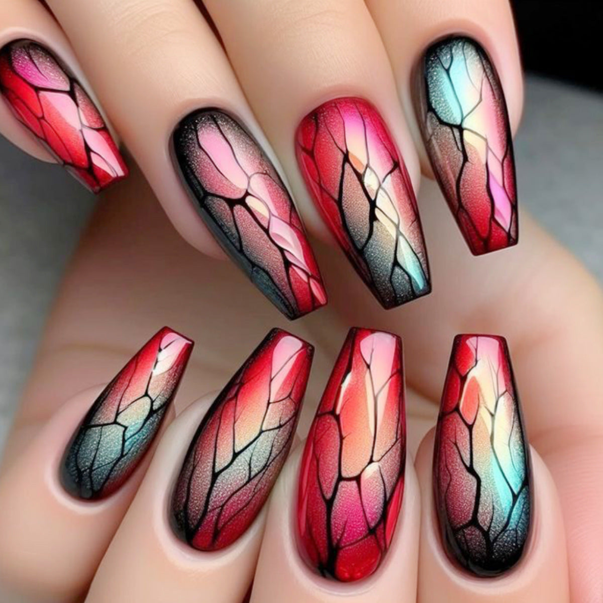 24pcs/Set Black and Green Gradient Crackle Press-On Nails