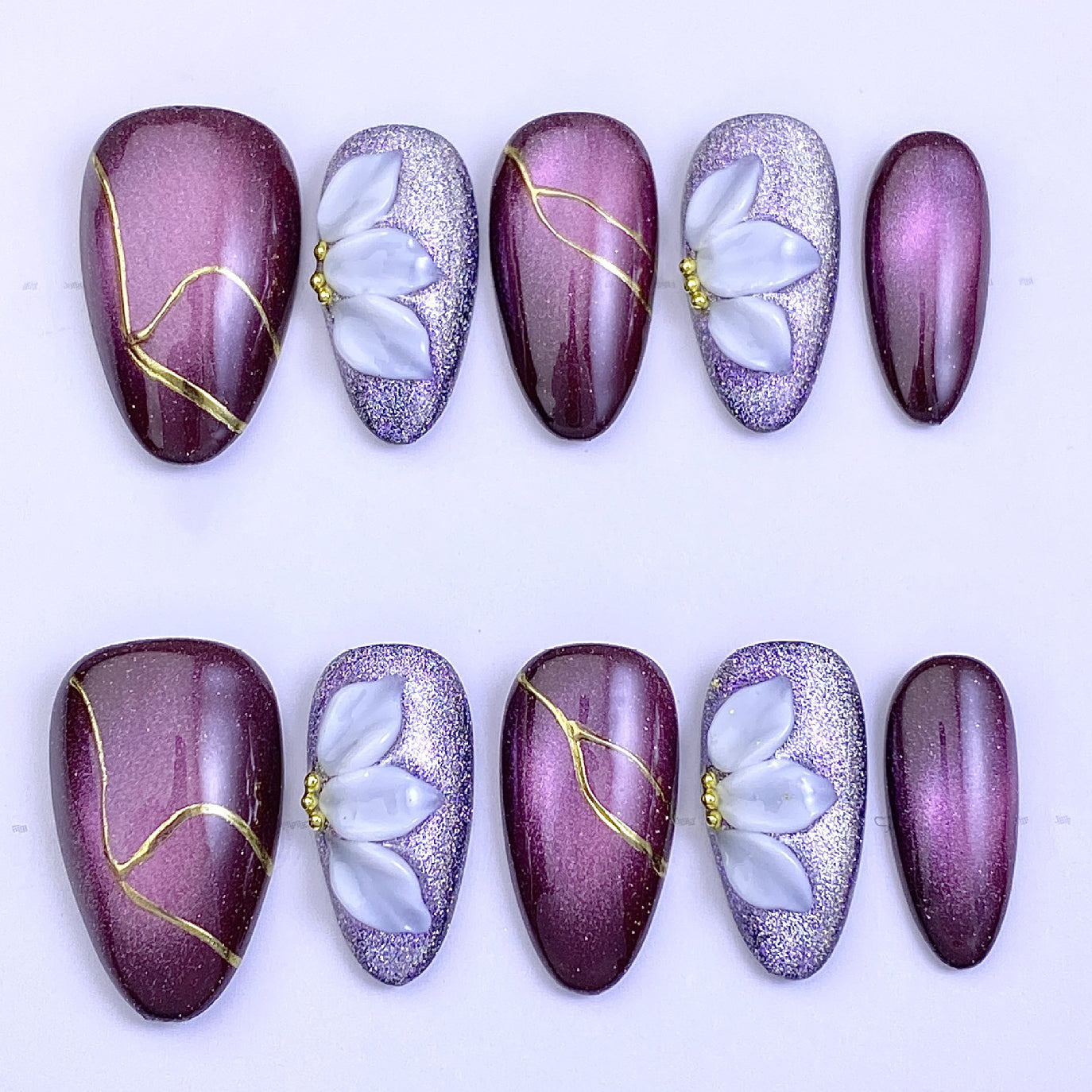 (Handmade) 10pcs/Set Gold Thread Line Purple Cat Eye Press-On Nails