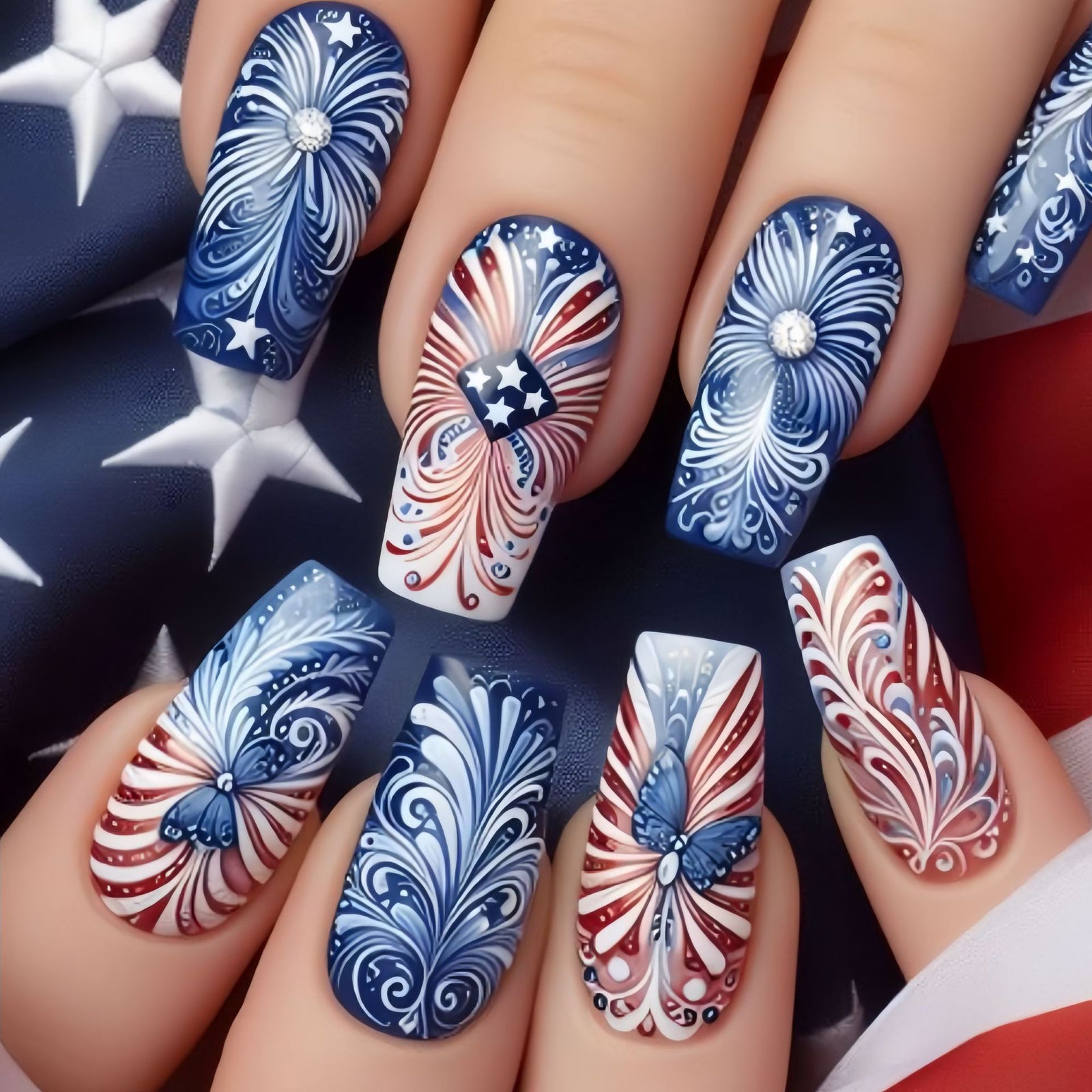 24pcs/Set Blue Independence Day Floral Press-On Nails