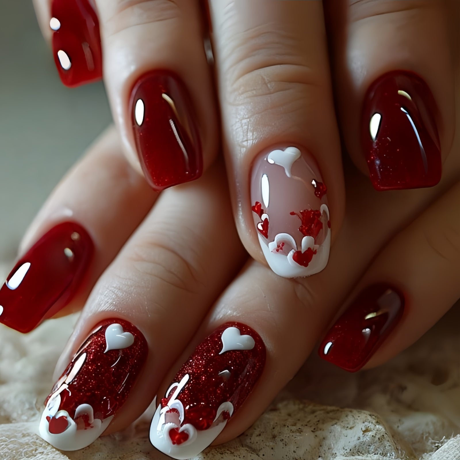 24pcs/Set Red Heart Floral Press-On Nails