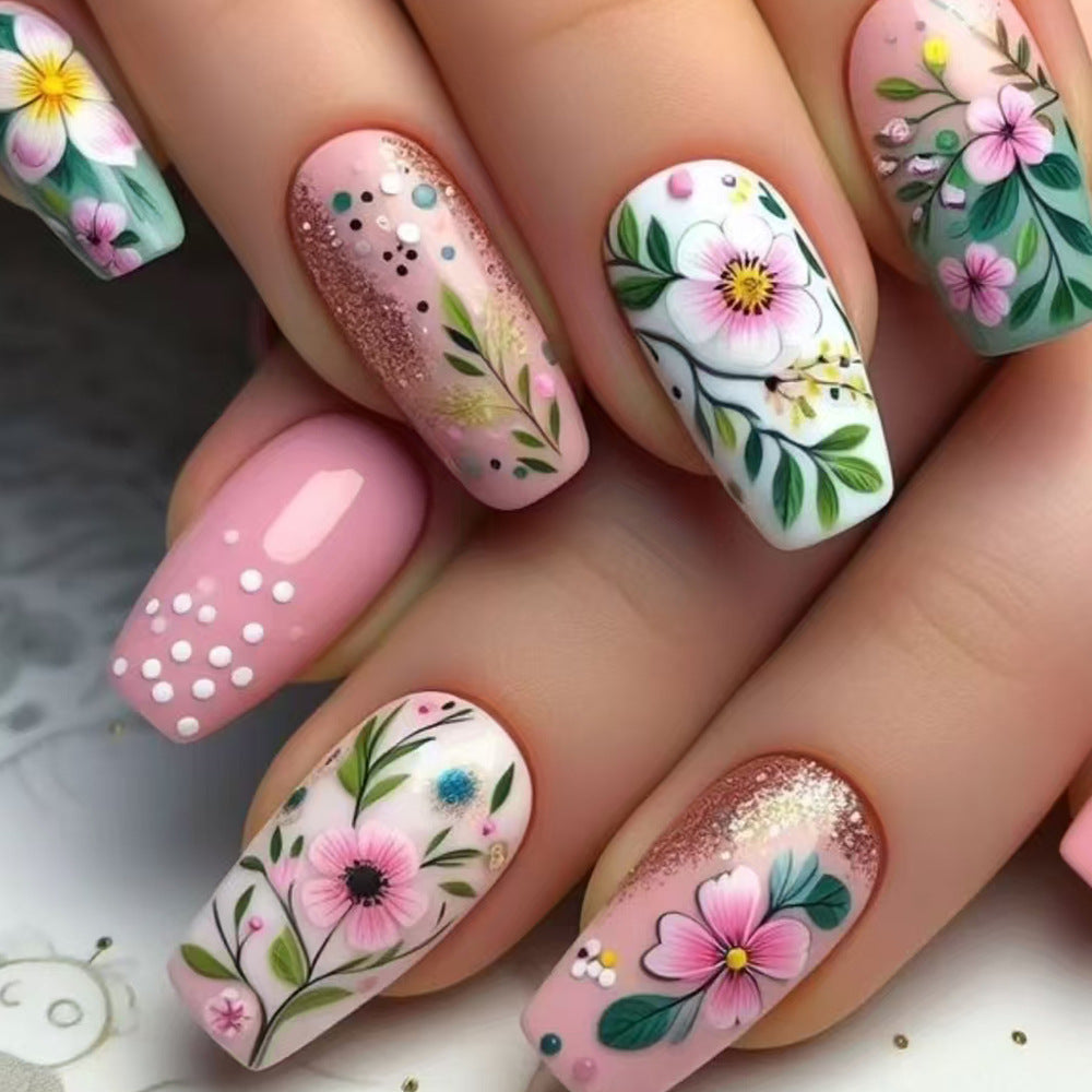 24pcs/Set Floral Glitter Polka Dots Press-On Nails
