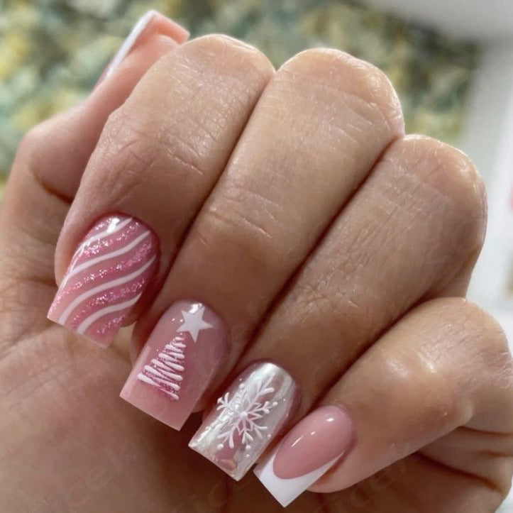 24pcs/Set Christmas French Pink Tree Press On Nails