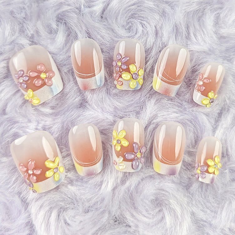 (Handmade) 10pcs/Set French Floral Pink Gradient Press-On Nails