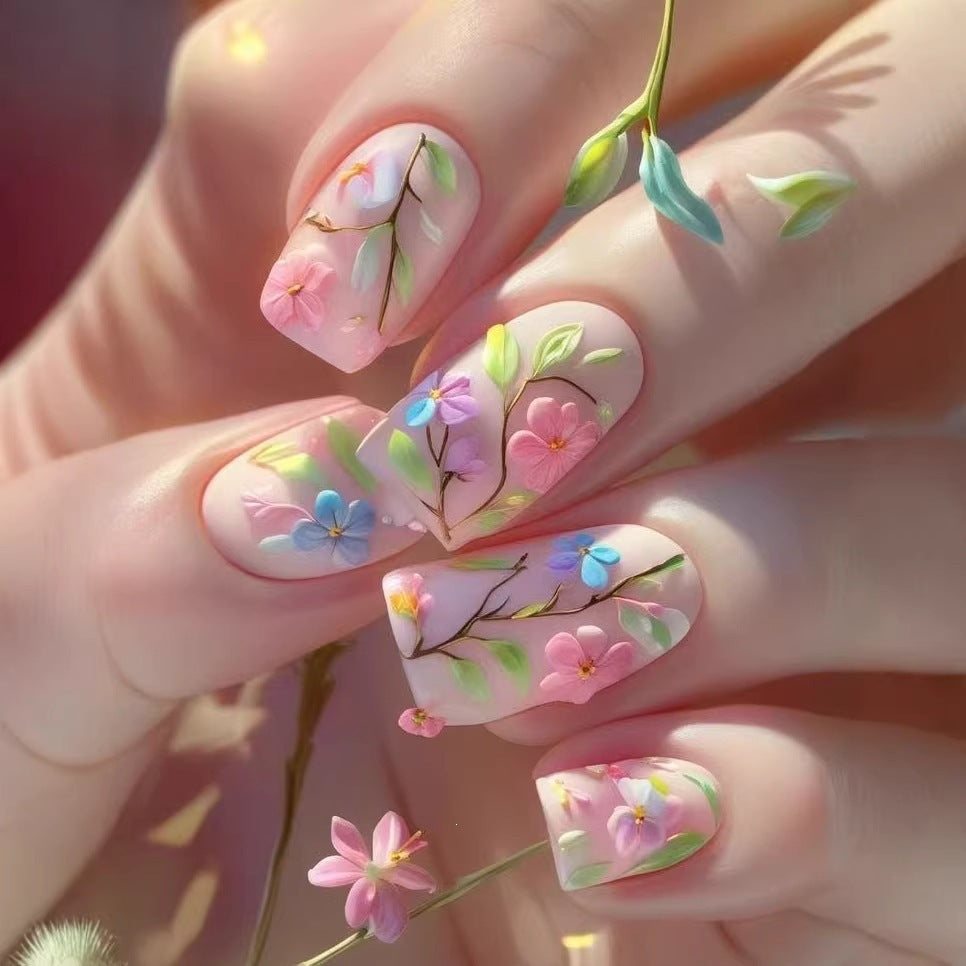 24pcs/Set 3D Embossed Hand-Painted Branches Press-On Nails