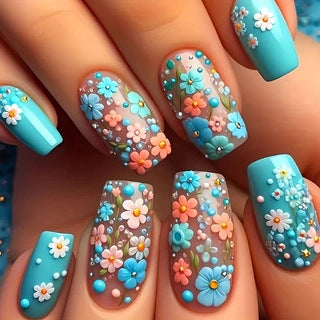 24pcs/Set Spring Sky Blue Flower Press-On Nails