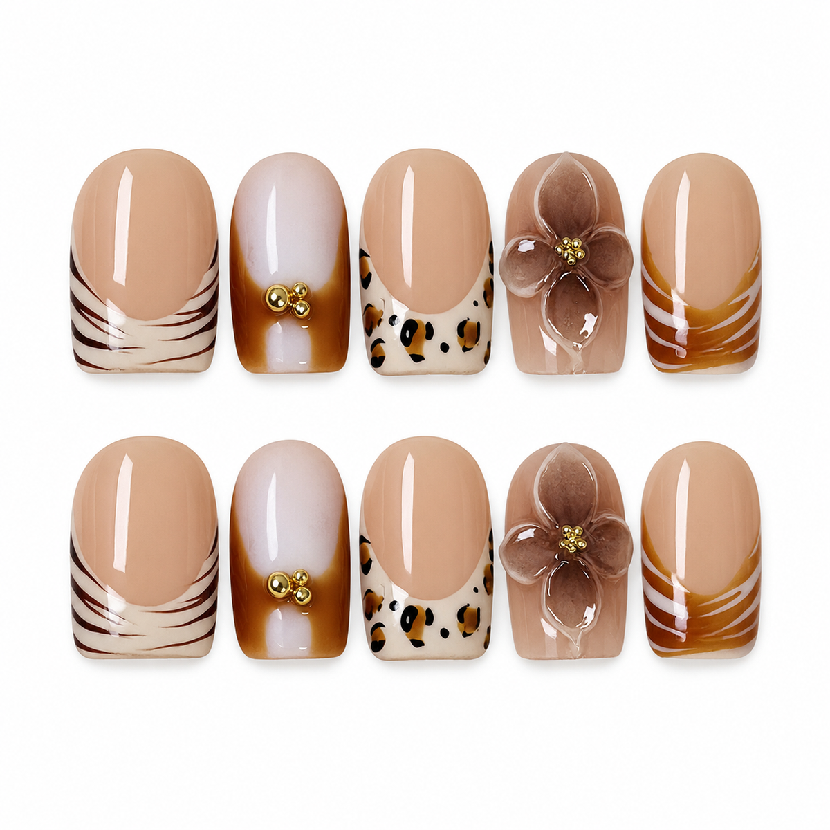(Handmade) 10pcs/Set Leopard Print French Tips with 3D Flowers Press-On Nails