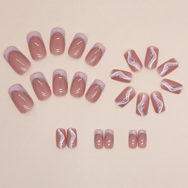 24pcs/Set Pink and White Stripes Press-On Nails