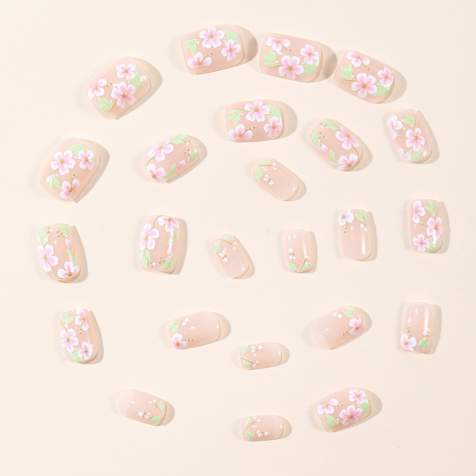 24pcs/Set 3D Embossed Flowers with Gold Lines Short Press On Nails