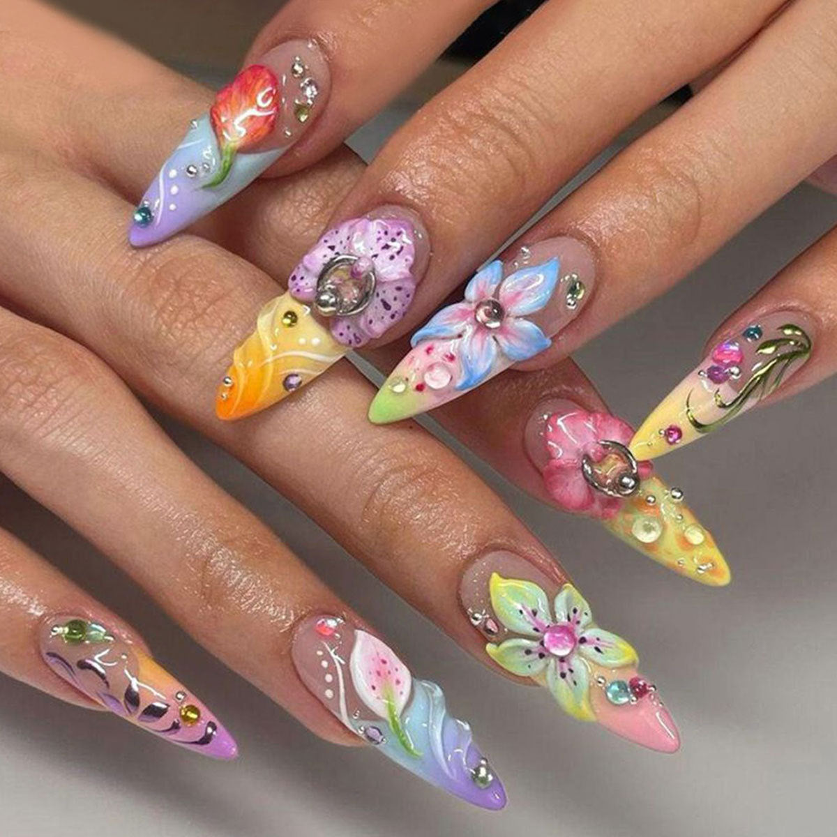 24pcs/Set 3D Embossed Colorful Flowers Press-On Nails