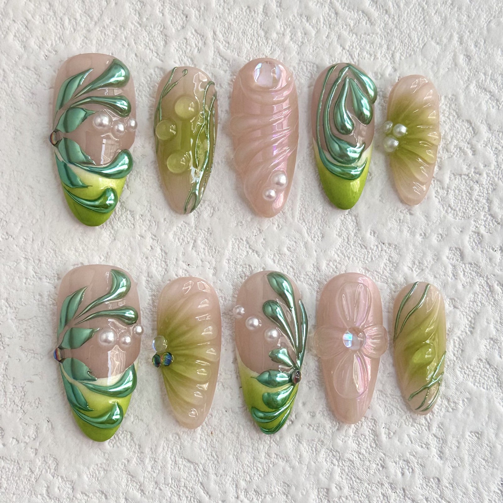 (Handmade) 10pcs/Set 3D Green Vines Press-On Nails