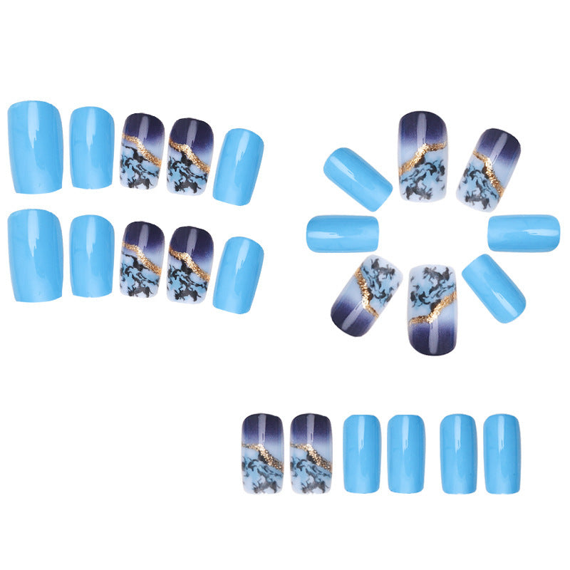 24pcs/Set Blue Ink Wash Gradient Press-On Nails