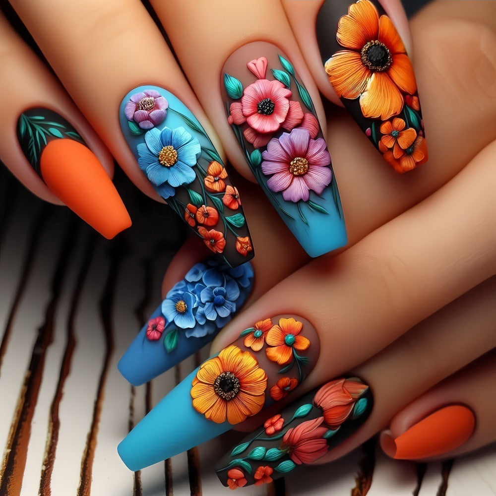 24pcs/Set Matte Orange & Blue Floral Press-On Nails