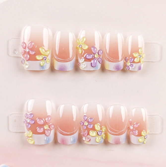 (Handmade) 10pcs/Set French Floral Pink Gradient Press-On Nails