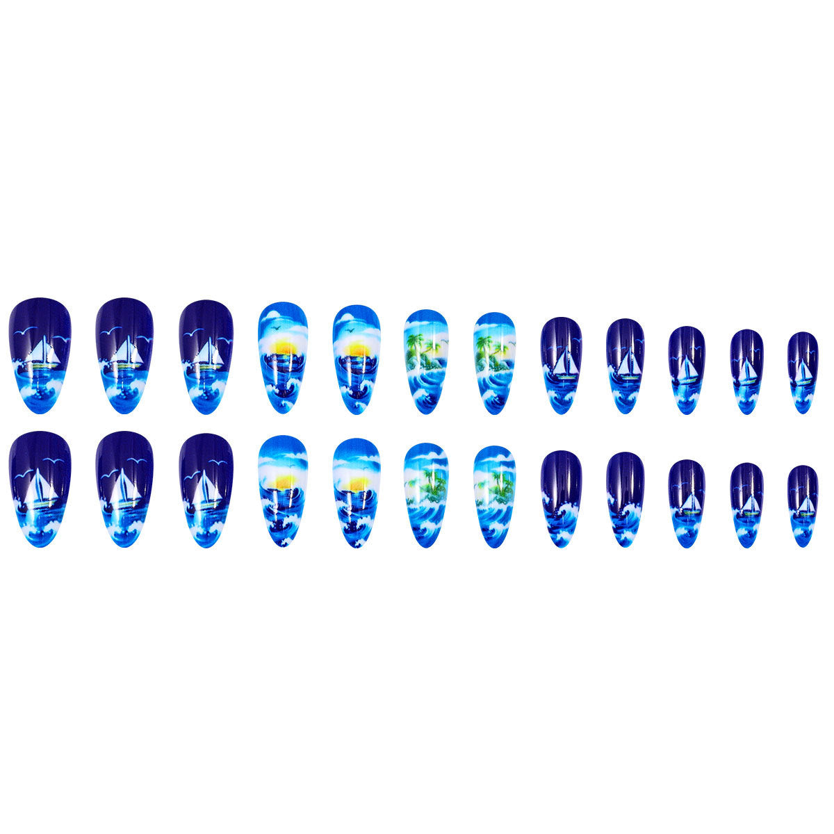 24pcs/Set Blue Ocean Waves Sunset Press-On Nails