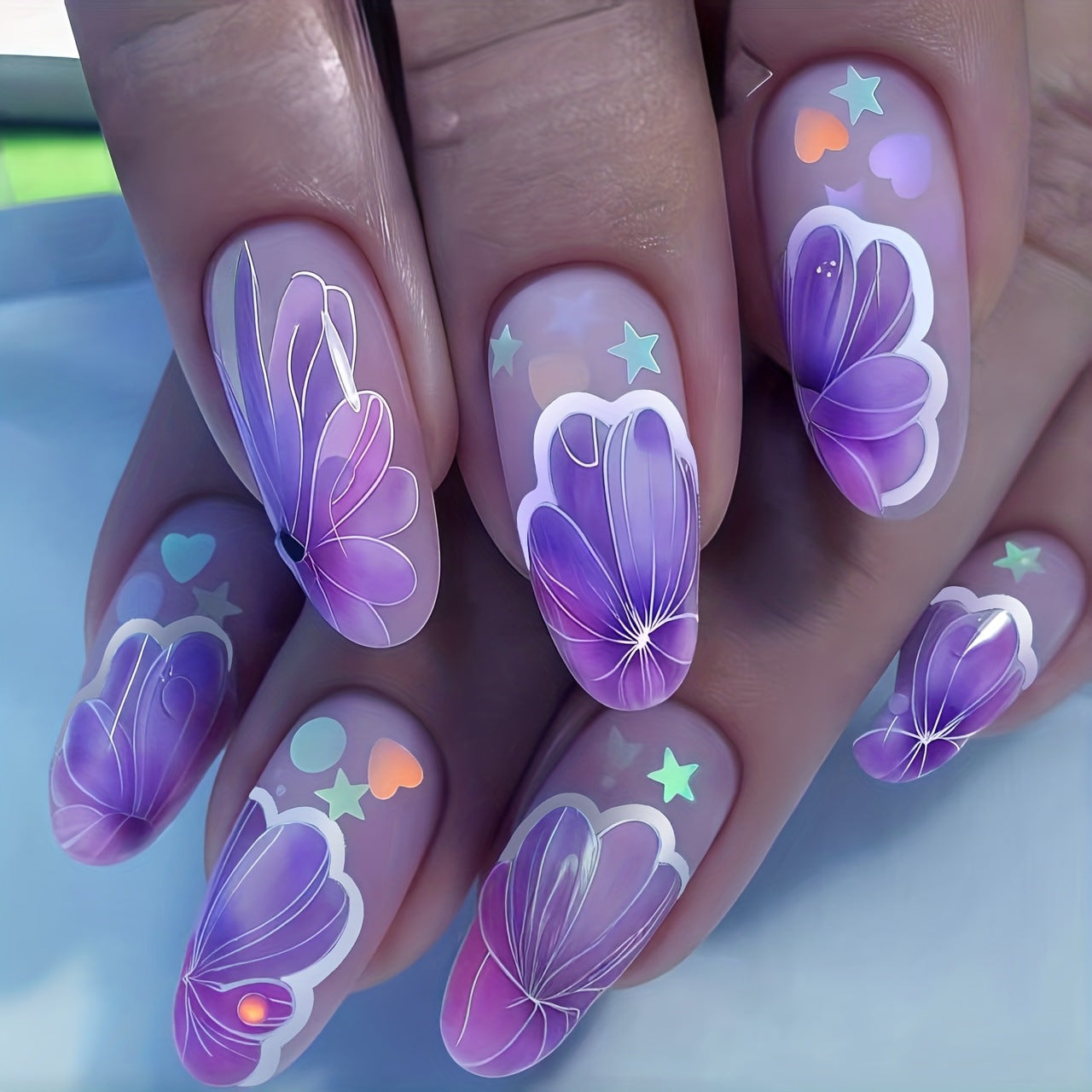 24pcs/Set Purple Floral French Tips Press-On Nails