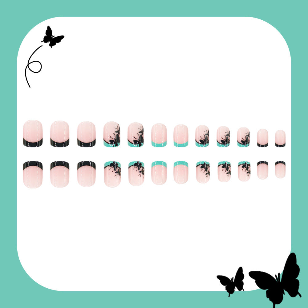 24pcs/Set Summer Black Butterfly French Short Press On Nails