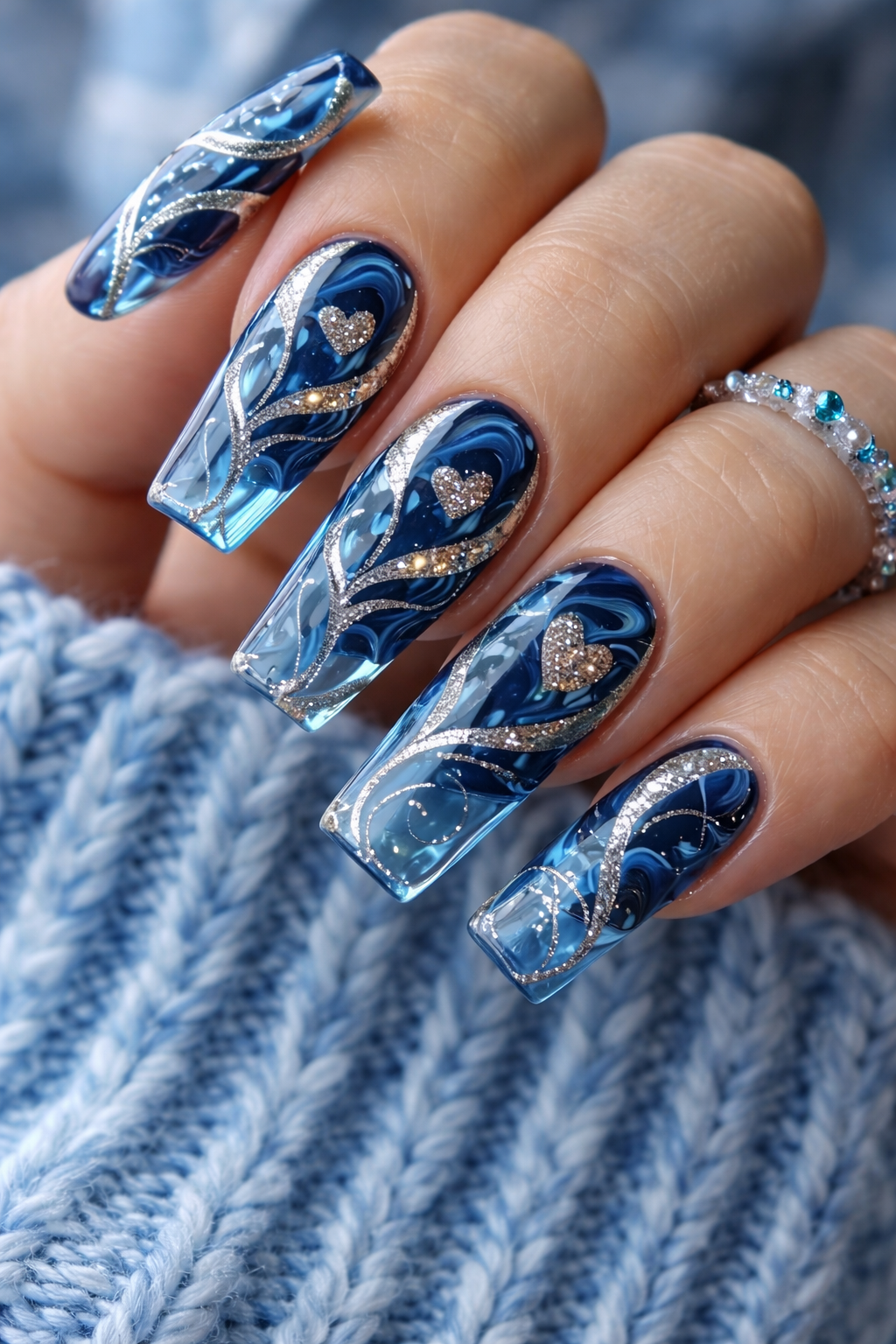 24pcs/Set Glitter Heart Blue Press-On Nails