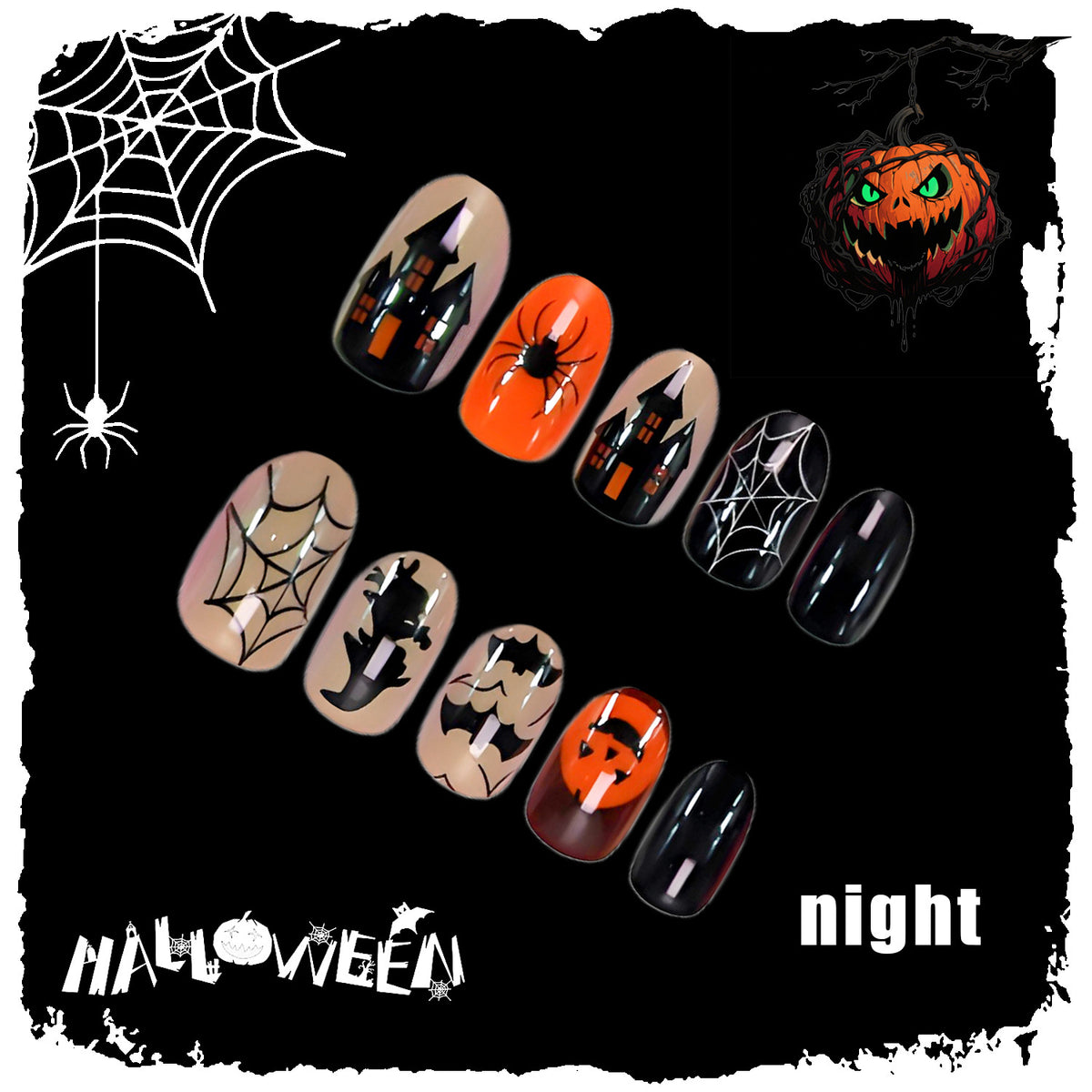24pcs/Set Glow-in-the-Dark Spiders, Pumpkins & Bats Press-On Nails