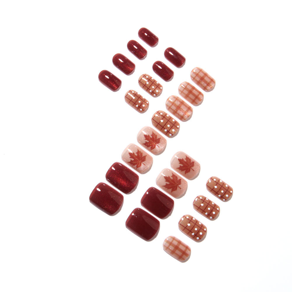 24pcs/Set Maple Leaf Plaid Cat-Eye Press On Nails