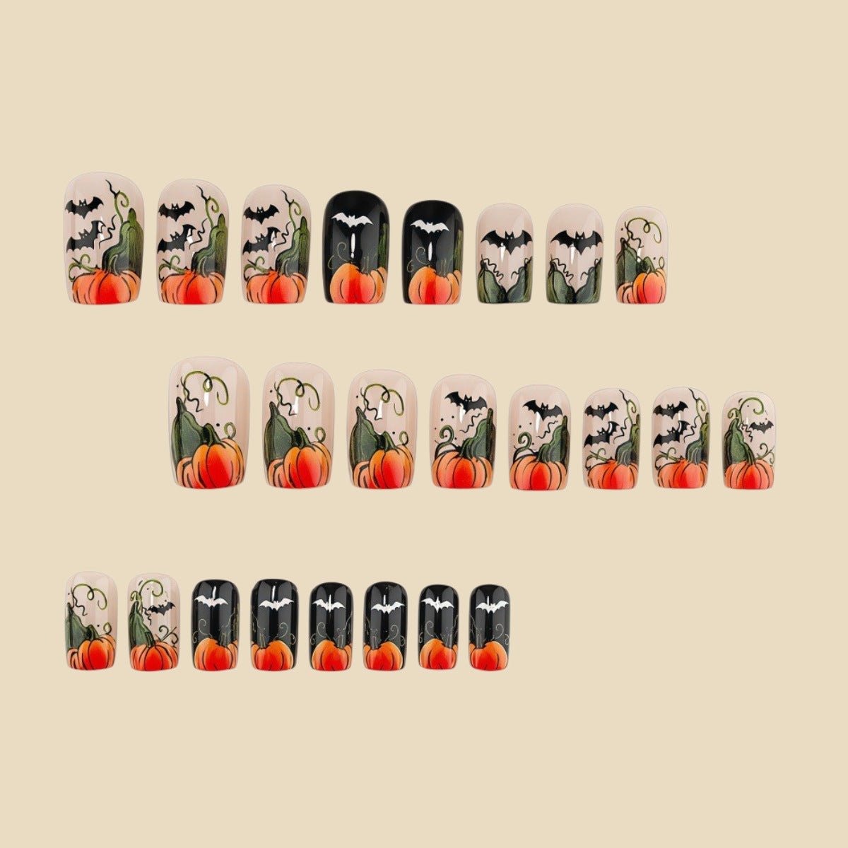 24pcs/Set Pumpkin Vines & Black Bats Press On Nails