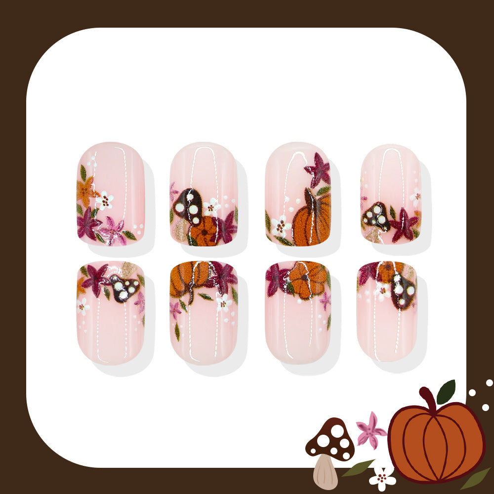 24pcs/Set Maple Leaf, Floral & Mushroom Press On Nails
