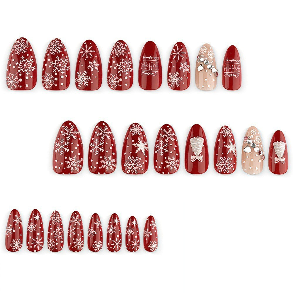 30pcs/Set 3D Burgundy Rhinestone Snowflakes Press On Nails