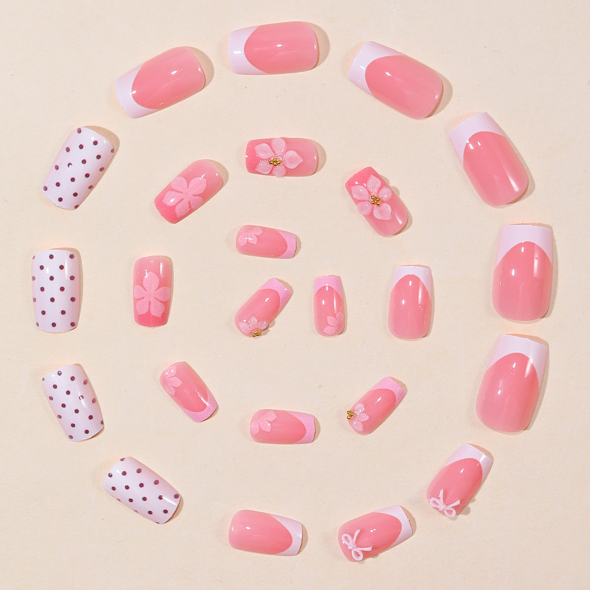 24pcs/Set 3D Floral Rhinestones with Sweet Bows Press-On Nails