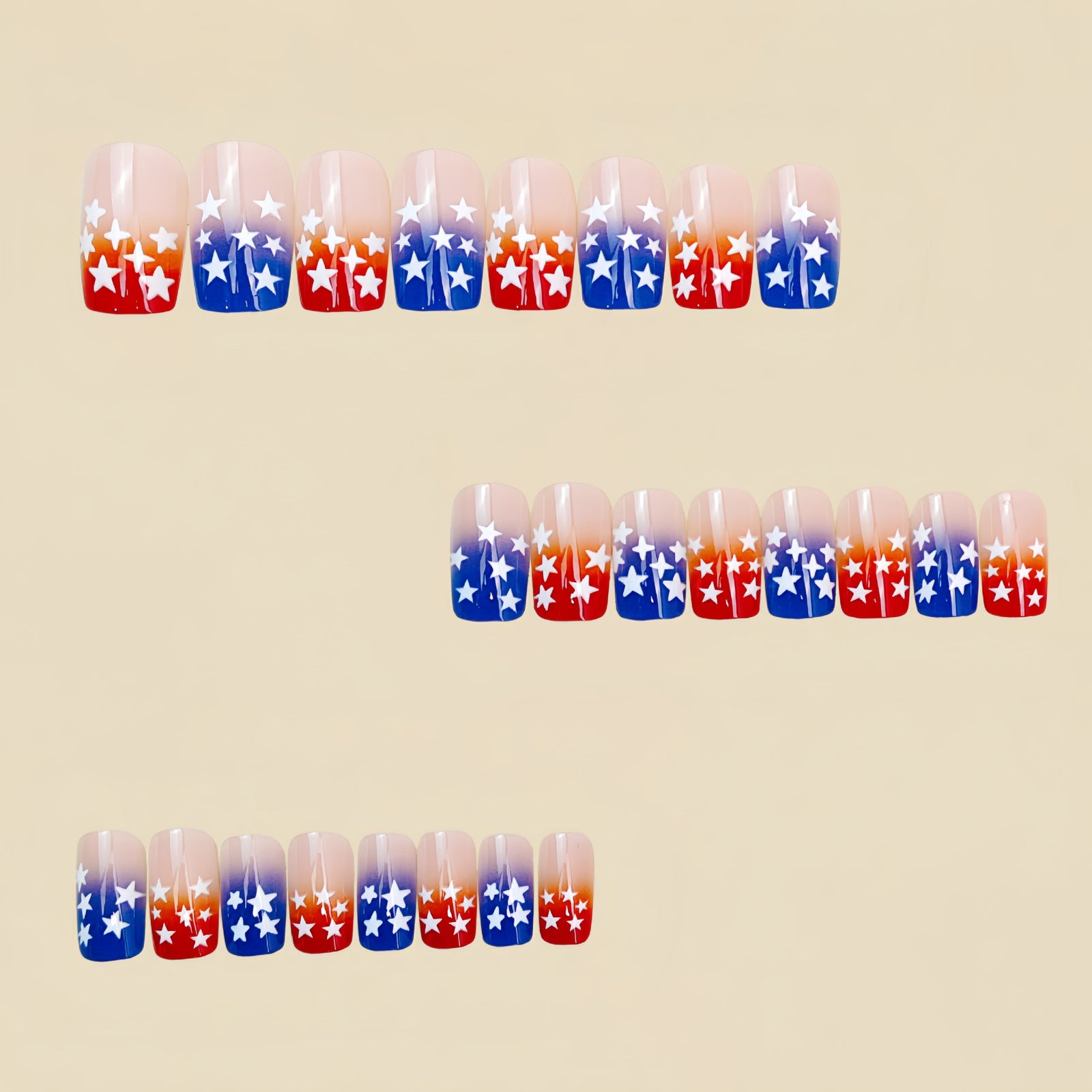 24pcs/Set Red and Blue Gradient Stars Press-On Nails