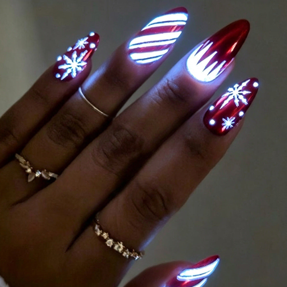 24pcs/Set Red Glow-in-the-Dark Snowflake Stripes Press On Nails