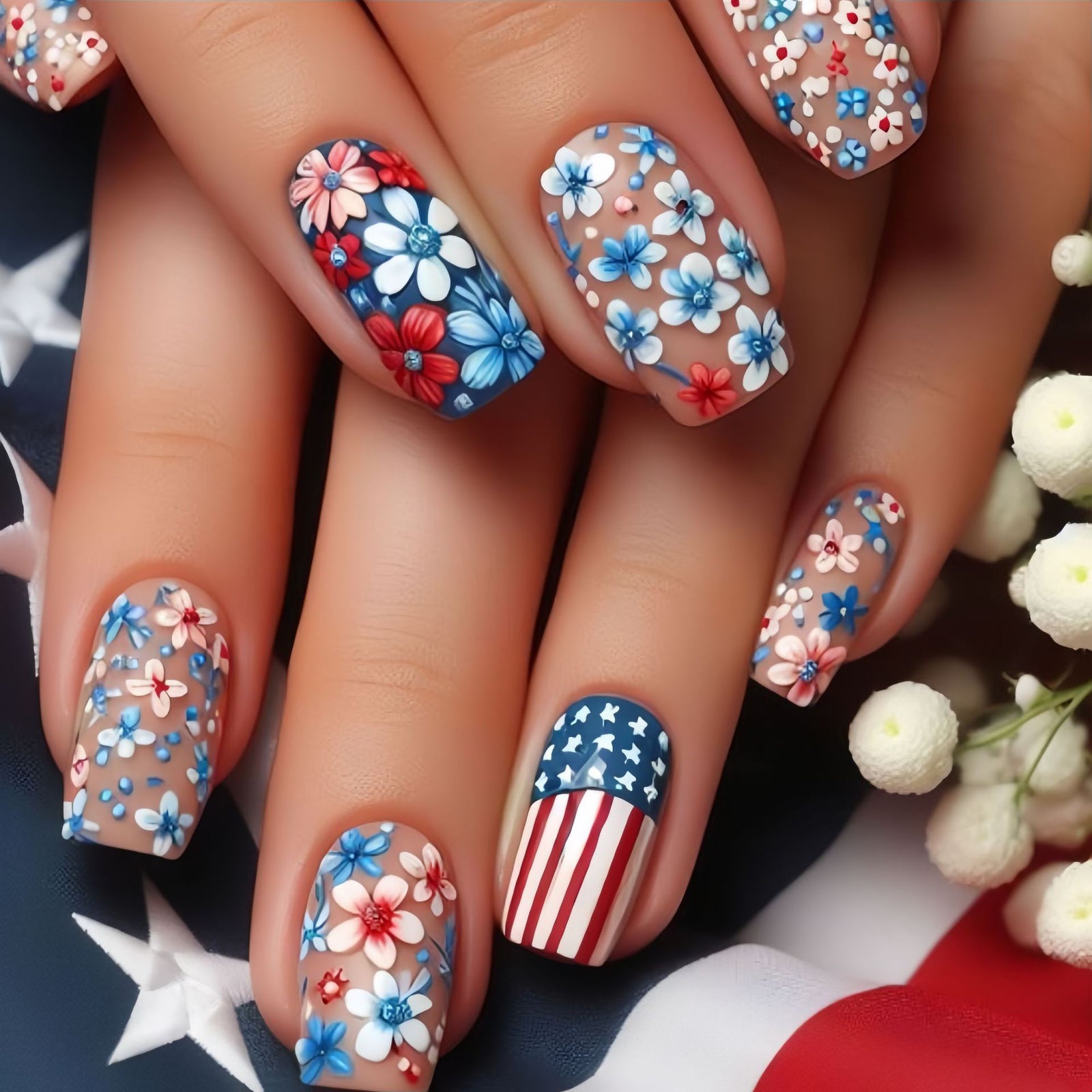 24pcs/Set Blue Floral Stripes & Stars Press-On Nails