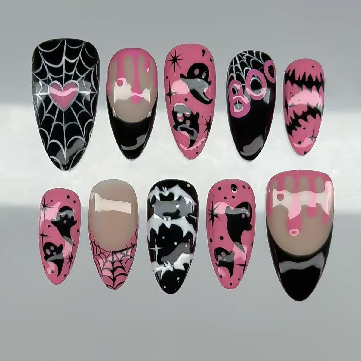 24pcs/Set Pink & Black Mismatched Ghost Bat Spider Web Press On Nails